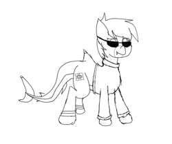 Size: 888x744 | Tagged: safe, artist:fruityhorssse, derpibooru import, oc, oc only, oc:compiavelli, original species, shark, shark pony, 1000 hours in ms paint, clothes, monochrome, simple background, sketch, solo, sunglasses, white background