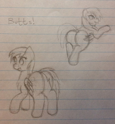 Size: 604x652 | Tagged: safe, artist:fruityhorssse, derpibooru import, derpy hooves, bat pony, bubble butt, butt, butts, lined paper, monochrome, sketch, solo, traditional art
