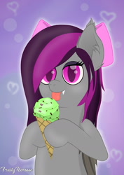 Size: 985x1393 | Tagged: safe, artist:fruityhorssse, derpibooru import, oc, oc:obsidia, bat, bat pony, commission, eating, food, ice cream, ice cream cone, licking, mint chocolate ice cream, mint ice cream, solo, tongue, tongue out