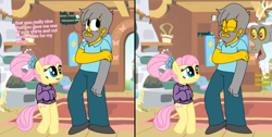 Size: 954x480 | Tagged: safe, artist:haileykitty69, derpibooru import, discord, fluttershy, draconequus, earth pony, human, pegasus, pony, bipedal, crossover, crossover shipping, female, fluttermour, future, male, older, older fluttershy, seymour skinner, shipping, straight, the simpsons