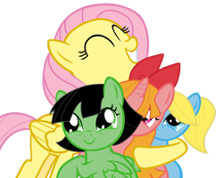 Size: 2737x2191 | Tagged: safe, artist:otfor2, artist:youki506, derpibooru import, fluttershy, alicorn, pegasus, pony, blossom (powerpuff girls), bubbles (powerpuff girls), buttercup (powerpuff girls), crossover, cute, eyes closed, female, filly, foal, high res, hug, mare, ponified, shyabetes, simple background, the powerpuff girls, transparent background, vector