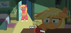 Size: 706x329 | Tagged: safe, artist:taco-bandit, derpibooru import, applejack, big macintosh, apple, applejack's hat, bed, bedroom, clothes, colt, cowboy hat, crying, dialogue, door, ears, female, floppy ears, food, frown, hat, male, mare, pillow, poking, rope, sad, speech bubble, stallion, text