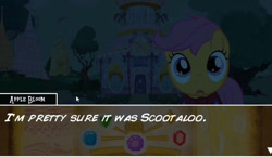 Size: 1174x681 | Tagged: safe, derpibooru import, scootaloo, pegasus, pony, 2010, cape, carousel boutique, clothes, cmc cape, dialogue, female, filly, foal, implied apple bloom, mare, my little investigations, night, shocked, text, tree, youtube link