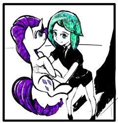 Size: 2277x2372 | Tagged: safe, artist:solid shrimp, derpibooru import, rarity, crystal pony, human, pony, unicorn, anime, crossover, female, gem, gemstones, holding a pony, land of the lustrous, phos