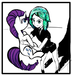 Size: 2277x2372 | Tagged: safe, alternate version, artist:solid shrimp, derpibooru import, rarity, human, pony, unicorn, crossover, gem, high angle, holding a pony, land of the lustrous, phos