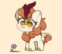 Size: 4488x3880 | Tagged: safe, artist:kittyrosie, derpibooru import, autumn blaze, kirin, awwtumn blaze, banana background, chibi, cute, flower, no pupils, simple background, solo