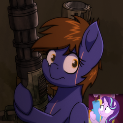 Size: 2000x2000 | Tagged: safe, artist:memeancholy, derpibooru import, screencap, starlight glimmer, oc, oc:dauntless, pegasus, pony, fallout equestria, cheek squish, gun, holding, missile launcher, pegasus oc, scar, short hair, shoulder-mounted machine gun, squishy cheeks, weapon