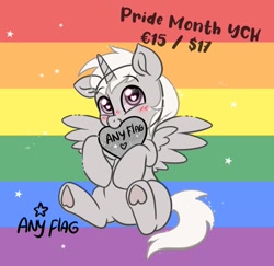 Size: 905x880 | Tagged: safe, artist:avui, derpibooru import, alicorn, earth pony, pegasus, pony, unicorn, commission, pride, pride flag, pride month, pride ponies, pride ych, ych example, your character here