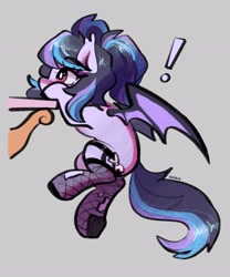 Size: 1707x2048 | Tagged: safe, artist:goshhhh, derpibooru import, oc, oc:bat, bat pony, pony, bat ears, bat wings, blushing, clothes, exclamation point, eyebrows, eyebrows visible through hair, falling, female, fishnet stockings, garters, ponytail, ripped stockings, slipping, solo, stockings, table, thigh highs, torn clothes, wings