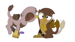 Size: 2046x1151 | Tagged: safe, artist:beesmeliss, derpibooru import, oc, oc only, oc:garveren, oc:gianna, griffon, chickub, flower, kissing, simple background, transparent background