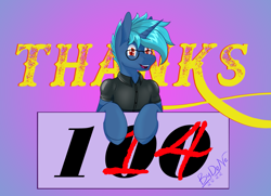 Size: 2967x2149 | Tagged: safe, artist:bydena, derpibooru import, oc, oc:bydena, pony, semi-anthro, unicorn, blue hair, glasses, male, red eyes, thank you