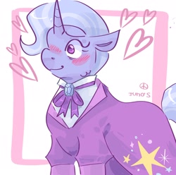 Size: 2048x2033 | Tagged: safe, artist:dmitrymemovznok, derpibooru import, trixie, pony, unicorn, blushing, clothes, cute, diatrixes, female, heart, mare, older, older trixie, shirt, solo, suit