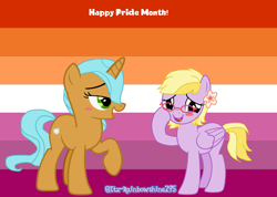 Size: 3792x2704 | Tagged: safe, artist:itz-rainbowshine295, derpibooru import, oc, oc:creamy pants, oc:rainbowshine, pegasus, pony, unicorn, blush sticker, blushing, female, lesbian, lesbian pride flag, pride, pride flag, pride month