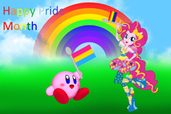 Size: 3000x2000 | Tagged: safe, artist:magical-mama, artist:sugar-loop, artist:user15432, derpibooru import, pinkie pie, equestria girls, barely eqg related, crossover, fashion style, flag, flag pole, gay pride, gay pride flag, kirby, kirby (series), kirby pie, looking at you, pansexual, pansexual pride flag, ponied up, pride, pride flag, pride month, rainbow, rainbow flag, toy