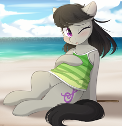 Size: 1167x1200 | Tagged: safe, artist:higglytownhero, derpibooru import, octavia melody, earth pony, pony, beach, blushing, clothes, cute, female, hot, mare, ocean, one eye closed, sand, solo, summer, swimsuit, tavibetes, water