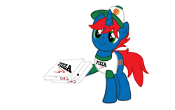 Size: 1098x691 | Tagged: safe, artist:noikincade67, artist:ry-bluepony1, derpibooru import, oc, oc:train track, unicorn, base used, cap, clothes, cutie mark, delivery pony, food, green eyes, hair, hat, horn, mane, pizza, pizza delivery, shirt, show accurate, smiling, tail