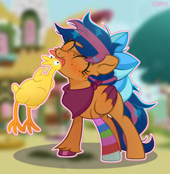 Size: 1850x1894 | Tagged: safe, artist:scarffist, derpibooru import, oc, oc only, oc:solar comet, pegasus, pony, bandana, bow, clothes, freckles, hair bow, rubber chicken, shake, sock, socks, solo, striped socks, tail, tail bow, wings