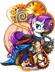 Size: 1028x1348 | Tagged: safe, artist:epicvon, artist:ncmares, derpibooru import, rarity, pony, unicorn, alternate hairstyle, bedroom eyes, boots, bracelet, clock, clothes, dress, eyeshadow, female, gears, jewelry, looking at you, majestic, makeup, manepxls, mare, pixel art, pxls.space, raised leg, shoes, simple background, smiling, solo, steampunk, style emulation, transparent background