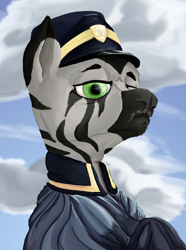 Size: 1281x1724 | Tagged: safe, artist:aaronmk, derpibooru import, oc, zebra, equestria at war mod, bust, clothes, cloud, facial hair, hat, moustache, portrait, robes, sky, uniform