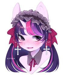 Size: 1188x1380 | Tagged: safe, artist:kitten-in-the-jar, derpibooru import, twilight sparkle, semi-anthro, blushing, bust, cross, ear fluff, ears, female, gothic lolita, maid, maid headdress, pigtails, portrait, ribbon, simple background, solo, sweat, white background