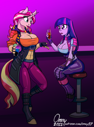 Size: 1200x1613 | Tagged: safe, artist:omny87, derpibooru import, sunset shimmer, twilight sparkle, anthro, cyborg, unguligrade anthro, unicorn, equestria girls, abs, alcohol, bare midriff, barstool, boots, breasts, clothes, drink, duo, duo female, female, fingerless gloves, gloves, headlight sparkle, jacket, pants, pony coloring, shoes, sunset jiggler