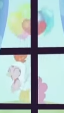 Size: 64x113 | Tagged: safe, derpibooru import, screencap, pinkie pie, bird, chicken, earth pony, pony, bloom and gloom, season 5, animal costume, balloon, chicken pie, chicken suit, clothes, costume, cropped, eyes closed, female, floating, flying, mare, smiling, solo, then watch her balloons lift her up to the sky, window, youtube link