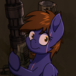 Size: 2000x2000 | Tagged: safe, artist:memeancholy, derpibooru import, oc, oc only, oc:dauntless, pegasus, pony, fallout equestria, bust, cheek squish, female, frown, gun, high res, holding, hoof hold, mare, missile launcher, pegasus oc, scar, short hair, shoulder-mounted machine gun, solo, squishy cheeks, weapon