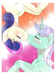 Size: 900x1201 | Tagged: safe, artist:nivimonster, derpibooru import, bon bon, lyra heartstrings, sweetie drops, pony, female, kissing, lesbian, lyrabon, shipping, upside down kiss