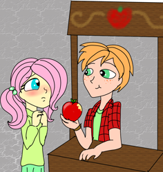 Size: 952x1008 | Tagged: safe, artist:purfectprincessgirl, derpibooru import, big macintosh, fluttershy, equestria girls, 2014, apple, blushing, eating, female, fluttermac, food, gray background, hair over one eye, looking at each other, looking at someone, male, old art, shipping, simple background, story included, straight, traditional art, younger