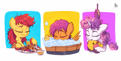 Size: 3888x1960 | Tagged: safe, artist:fanzeem, derpibooru import, apple bloom, scootaloo, sweetie belle, earth pony, pegasus, pony, unicorn, abstract background, adorabloom, bathing, blueberry, brush, brushing, bubble, bubble bath, cute, cutealoo, cutie mark crusaders, diasweetes, eyes closed, female, filly, foal, food, fruit, juice, messy mane, morning ponies, plushie, rubber duck, signature, spread wings, strawberry, syrup, tired, unshorn fetlocks, waffle, whipped cream, wings