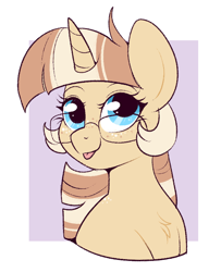 Size: 602x741 | Tagged: safe, artist:lulubell, derpibooru import, oc, oc only, oc:lulubell, pony, unicorn, :p, alternate hairstyle, chest fluff, eyebrows, female, freckles, glasses, horn, looking at you, mane swap, mare, raspberry, smiling, smiling at you, solo, tongue, tongue out, unicorn oc