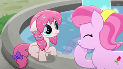 Size: 1280x720 | Tagged: safe, derpibooru import, screencap, tulip bulb, tulip rose, earth pony, pony, rainbow roadtrip, background pony, bow, cute, ears, female, filly, floppy ears, foal, fountain, hope hollow, mare, mother and child, mother and daughter, parent and child, raised hoof, raised leg, tail, tail bow, wet, wet mane