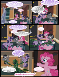 Size: 1042x1358 | Tagged: safe, artist:dendoctor, derpibooru import, doctor whooves, mean twilight sparkle, pinkie pie, twilight sparkle, twilight sparkle (alicorn), alicorn, earth pony, pegasus, pony, comic:clone.., alternate universe, bandage, bipedal, clone, comic, discord whooves, discorded whooves, female, frozen, homunculus, i was frozen today, injured, male, middle feather, middle finger, pinkie clone, the doctor, vulgar, wing hands