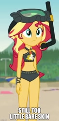 Size: 500x1028 | Tagged: safe, derpibooru import, edit, edited screencap, screencap, sunset shimmer, better together, equestria girls, unsolved selfie mysteries, armlet, beach, belly button, bikini, clothes, cropped, image macro, snorkel, solo, sunset shimmer's beach shorts swimsuit, swimsuit