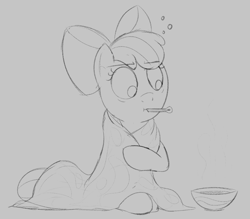 Size: 1503x1317 | Tagged: safe, artist:dtcx97, derpibooru import, apple bloom, earth pony, pony, blanket, female, filly, foal, food, sick, sketch, solo, soup, thermometer