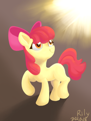 Size: 1080x1440 | Tagged: safe, artist:rily, derpibooru import, apple bloom, earth pony, pony, female, filly, foal, raised hoof, raised leg, smiling, solo, sun