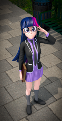 Size: 1832x3560 | Tagged: safe, artist:sfmaniaceq, derpibooru exclusive, derpibooru import, twilight sparkle, equestria girls, book, clothes, glasses, human coloration, socks, solo, uniform