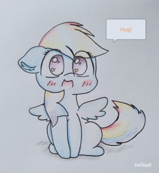 Size: 2979x3234 | Tagged: safe, artist:twiliset, derpibooru import, rainbow dash, pegasus, pony, cute, dashabetes, simple background, smiling, solo, spread wings, talking, traditional art, wings