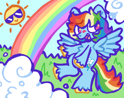 Size: 1006x798 | Tagged: safe, artist:toaestt, derpibooru import, rainbow dash, pegasus, pony, blushing, cloud, fangs, female, grass, happy, open mouth, rainbow, shiny hoof, smiling, solo, spread wings, sun, wings