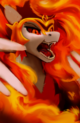 Size: 1500x2312 | Tagged: safe, artist:hierozaki, derpibooru import, daybreaker, alicorn, pony, female, mane of fire, mare, open mouth, sharp teeth, solo, teeth