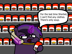 Size: 1024x768 | Tagged: safe, artist:fluttershank, derpibooru import, oc, oc:purple haze, unicorn, angry, cellphone, ear piercing, earring, food, grocery store, holding, hoof hold, i'm at soup, jewelry, magic, meme, necklace, phone, piercing, soup, speech bubble, squatpony, telekinesis, text