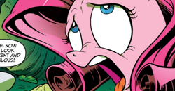 Size: 790x414 | Tagged: safe, artist:andypriceart, derpibooru import, edit, idw, pinkie pie, earth pony, pony, the return of queen chrysalis, spoiler:comic01, alternate hairstyle, cropped, dialogue, female, implied rarity, mane swap, mare, rarity hair, speech bubble, text