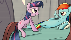 Size: 696x396 | Tagged: safe, artist:subjectnumber2394, derpibooru import, edit, rainbow dash, twilight sparkle, unicorn twilight, pegasus, pony, unicorn, bed, bedroom, bedroom eyes, blanket, comic, cropped, female, horn, lesbian, lying down, mare, multicolored hair, pillow, rainbow hair, shipping, smiling, spread wings, twidash, wings