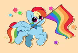 Size: 6432x4432 | Tagged: safe, artist:kittyrosie, derpibooru import, rainbow dash, pegasus, pony, cute, dashabetes, female, flag, flag pole, mare, mouth hold, mouthpiece, pride, pride flag, pride month, simple background, smiling, solo, spread wings, wings