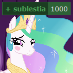 Size: 602x602 | Tagged: safe, derpibooru import, edit, edited screencap, screencap, princess celestia, alicorn, horse play, blushing, cropped, derpibooru, derpimilestone, femsub, get, meta, solo, sublestia, submissive, tags