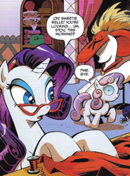 Size: 281x380 | Tagged: safe, artist:andypriceart, derpibooru import, edit, idw, rarity, sweetie belle, pony, unicorn, the return of queen chrysalis, spoiler:comic01, belle sisters, carousel boutique, cropped, dialogue, disguise, disguised changeling, eyeshadow, fabric, feather, female, filly, foal, glasses, hat, horn, infected, makeup, mannequin, mare, rarity's glasses, siblings, small resolution, speech bubble, text, thread
