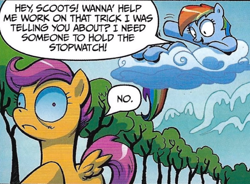 Size: 582x428 | Tagged: safe, artist:andypriceart, derpibooru import, edit, idw, rainbow dash, scootaloo, pegasus, pony, the return of queen chrysalis, spoiler:comic01, cloud, cropped, dialogue, disguise, disguised changeling, female, filly, foal, infected, mare, mountain, multicolored hair, rainbow hair, siblings, sisters, sky, smiling, speech bubble, spread wings, text, tree, wings