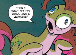 Size: 516x380 | Tagged: safe, artist:andypriceart, derpibooru import, edit, idw, pinkie pie, earth pony, pony, the return of queen chrysalis, spoiler:comic01, cropped, derp, dialogue, female, mare, speech bubble, text