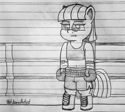 Size: 1280x1153 | Tagged: safe, artist:ct1443ae, derpibooru import, maud pie, earth pony, semi-anthro, boxing, boxing gloves, boxing ring, boxing shorts, clothes, lined paper, pencil drawing, shorts, solo, sports, traditional art