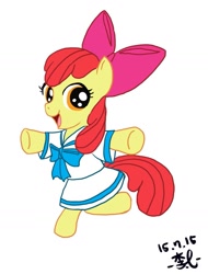 Size: 1071x1410 | Tagged: safe, artist:artmenet, derpibooru import, apple bloom, earth pony, pony, 2015, adorabloom, bipedal, clothes, cute, dress, female, filly, foal, old art, sailor uniform, simple background, solo, uniform, white background